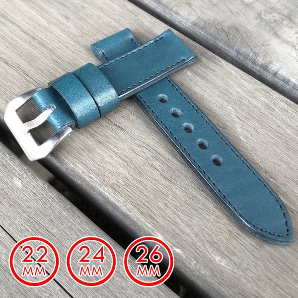 日本製 ハンドメイド パネライ スタイル ステア ヌメ革/レザーベルト ブルー×ブラックステッチ 腕...