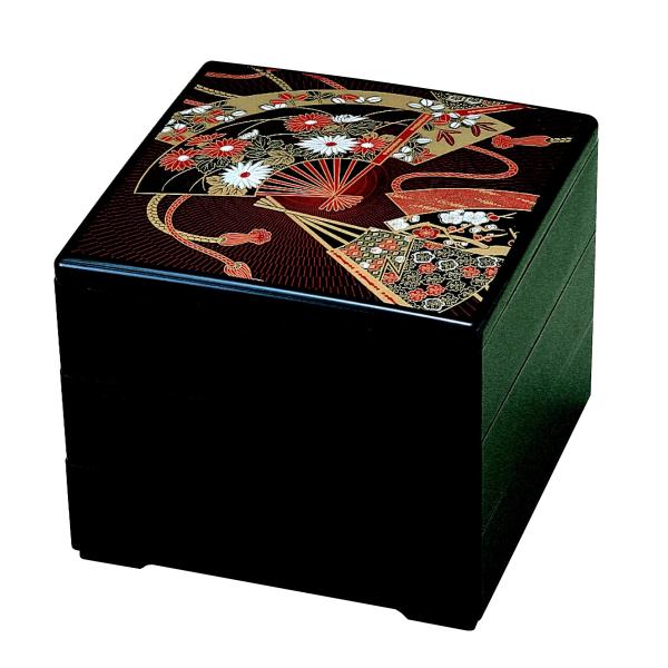 若泉漆器 3段重箱 6.5寸重 黒 華扇面(内黒) H-153-16A