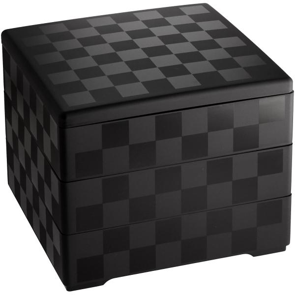 若泉漆器 3段重箱 6.5寸重 黒マット 市松(内黒) H-153-45-A