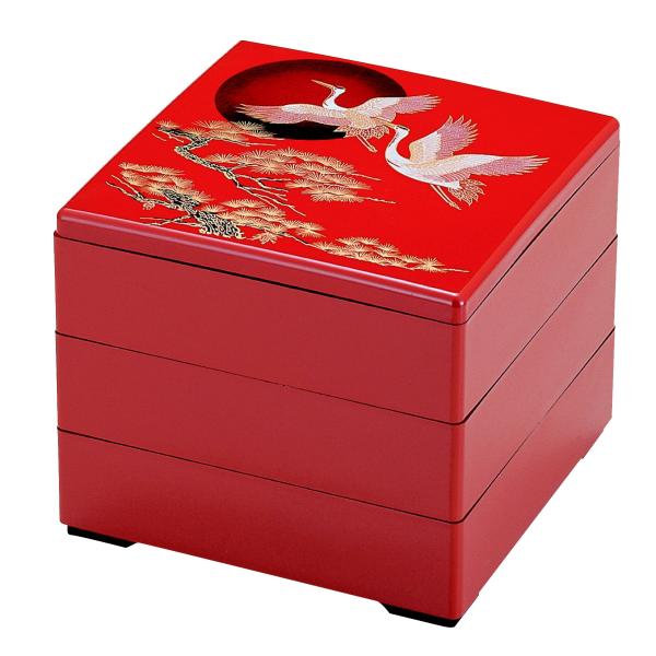 若泉漆器 3段重箱 6.5寸重 朱 日の出鶴(内黒) H-154-6-A