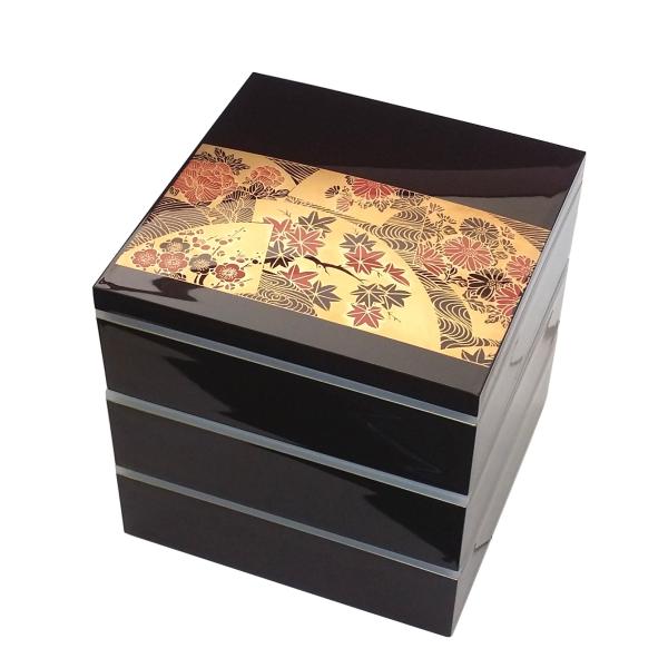 若泉漆器 3段重箱 7寸大和重 新溜内朱渕金 華暦 パッキン中蓋3枚付 H-151-95
