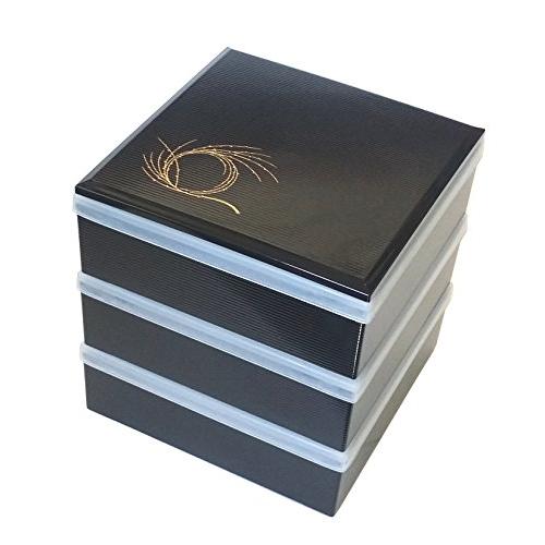 若泉漆器 3段重箱 5.5寸千筋重 黒 柳結び(内黒) パッキン中蓋3枚付 H-155-57