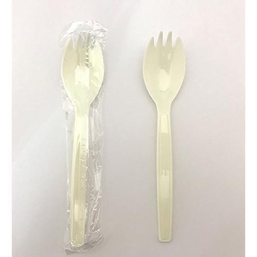 使い捨て プラスチック フォーク付きスプーン アイボリー 160mm 単袋入 100本 先割れスプー...