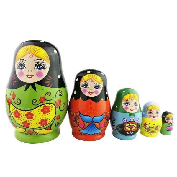 ミニ　グリーン　女の子　花パターン　マトリョーシカ　マトリョーシカ人形　手業　手塗り　木製品 　5個...