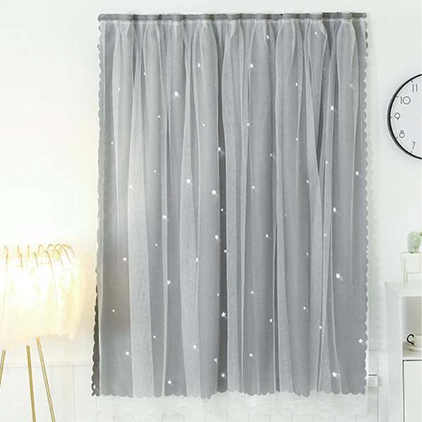 Senyumei カーテン二重 姫系遮光カーテン 透かし彫り星柄 おしゃれ かわいい マジックテープ...
