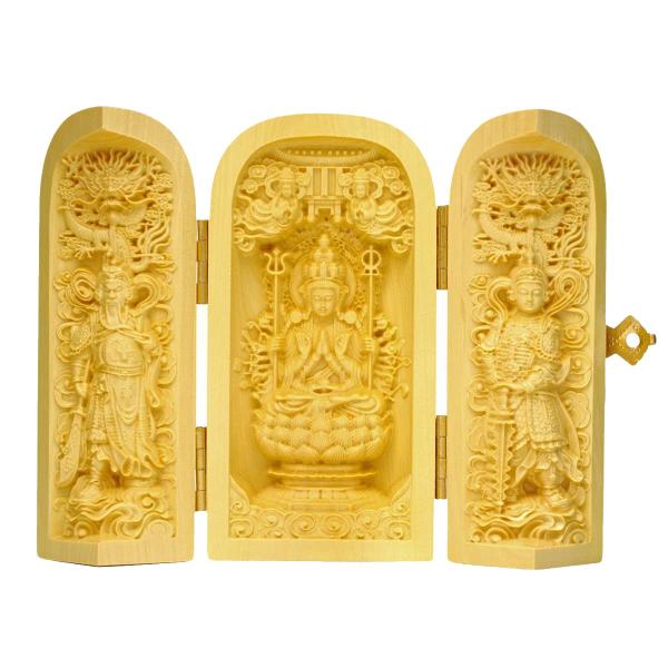 千手観音菩薩 天然木製(柘植ツゲ) 約10cm 武財神 韋駄天 木彫仏像 彫刻 三開仏