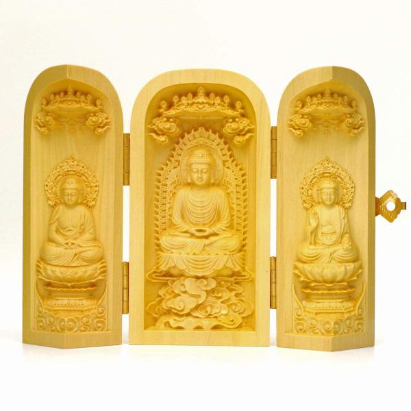 釈迦如来 阿弥陀如来 薬師如来 三尊像 天然木製 柘植ツゲ 約10cm 木彫仏像 彫刻 三開仏 三宝...