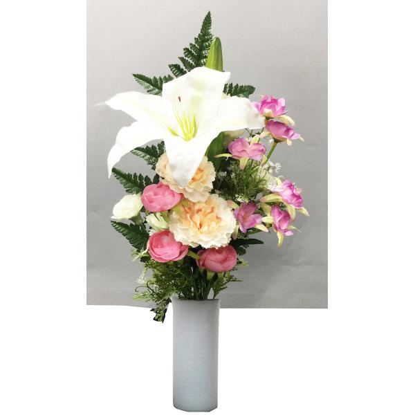 W-10226 リアルアート仏花 洋花ユリM 墓石用 光触媒付 お線香付