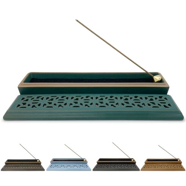 蘭香堂 お香立て 横置き香炉 難燃綿3枚付き 真鍮製香立付き 陶器製(青緑色)