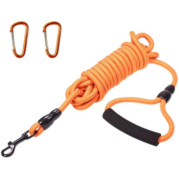 犬 リード ロングリード 牽引ロープ 丸ロープ【5m オレンジ 2つアルミニウム合金カラビナ付き】 ...