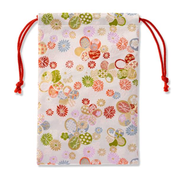 [京都藝美堂] 西陣織 金襴 御朱印帳入れ 巾着 日本製 (ホワイト 花)