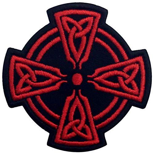 ケルト十字サークル刺繍入りアイロン貼り付け/縫い付けワッペン, 赤、黒
