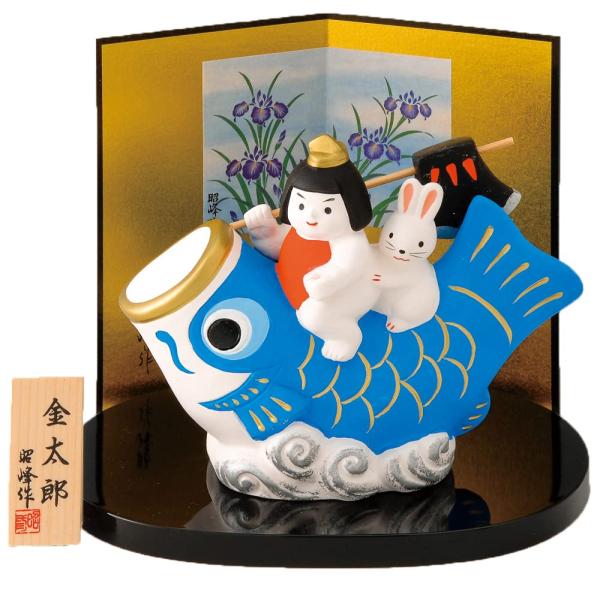 [昭峰] 五月人形 端午の節句 ミニ コンパクト 手のひらサイズ 陶器 金太郎出世鯉