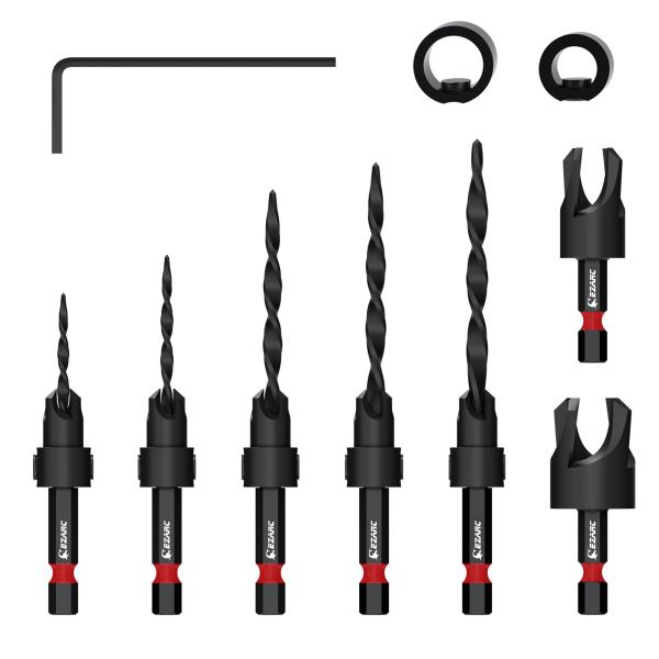 EZARC 下穴・皿取錐 埋木錐 10pcs 1/4 "(6.35mm)六角軸 ドリルストッパー付き...