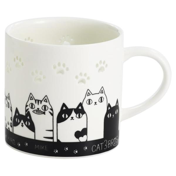 セラミック藍 蛍彫り マグカップ 猫３兄弟 背伸び サイズ：約φ8.3 H8 23216