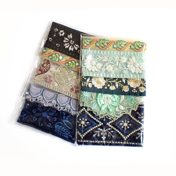 インドリボン ハギレ 20ｃｍ 5種類入り 刺繍リボン はぎれ ちょっとずつお試しに (寒色)