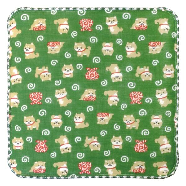 前田染工 和心 がーぜたおる 豆柴のおつかい 緑 サイズ：約24cm×24cm 118355
