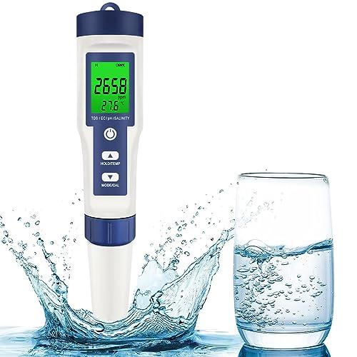水質測定器 5 in 1 PH/EC/TDS/塩分/温度測定器 高精度 自動校正 PH測定器 塩分濃...