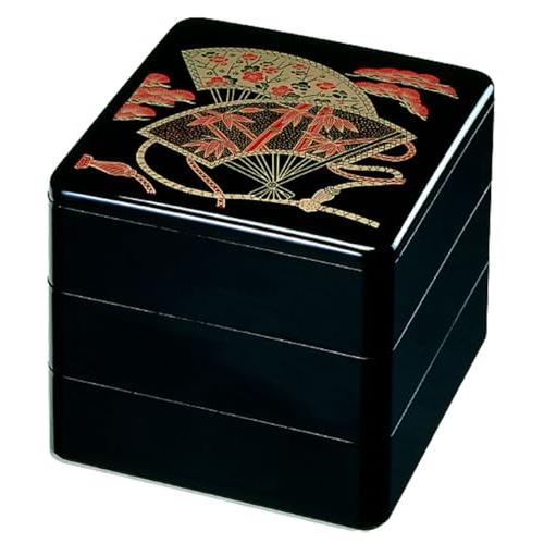 J-kitchens 御節重箱 日本製 3段 6寸 黒招福扇面 18.1cm x 18.1cm x ...