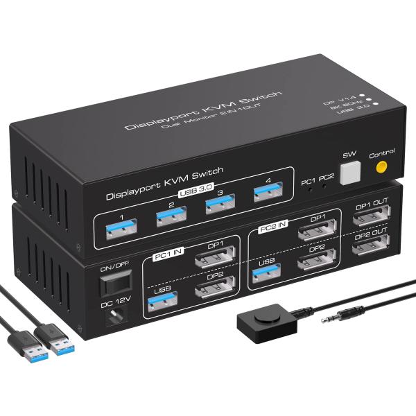 DisplayPort KVM 切替器 デュアル モニター スイッチ 2PC DisplayPort...