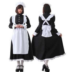 メイド服 コスプレ 長袖 ロング クラシック 可愛い メイド エプロン カチューシャ 衣装 黒 コスチューム ハロウィン 仮装