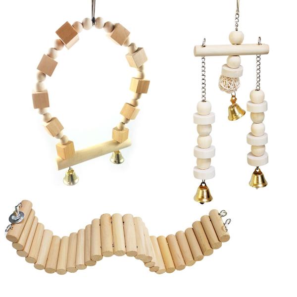 【3点セット】インコ おもちゃ 吊り下げ ブランコ 鈴 小鳥 止まり木 木製 鳥 玩具 はしご アス...