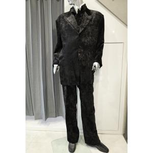 メンズスーツ ボタンダウンベスト付きクラッシュベロアスリーピース ブラック 大きいサイズ シングル ...
