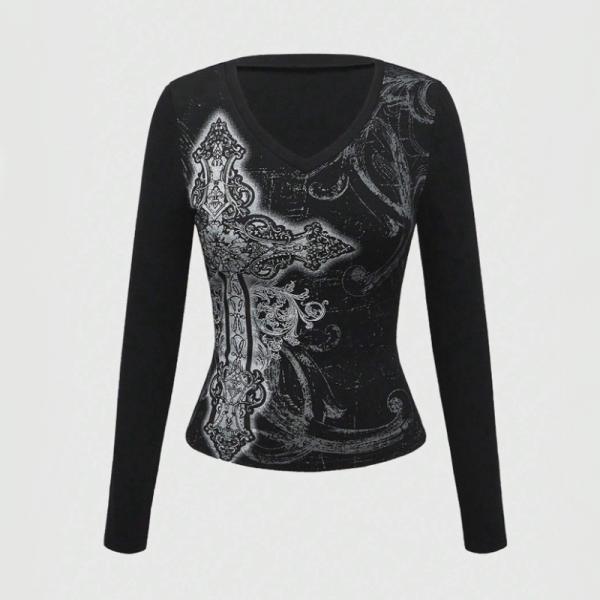 当日発送 即納 GLW-005 パンク ファッション レディース カジュアル クロス柄 Vネック 長...