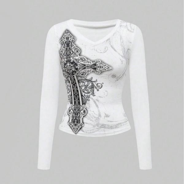 当日発送 即納 GLW-006 パンク ファッション レディース カジュアル クロス柄 Vネック 長...