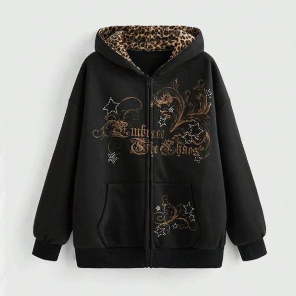 当日発送 即納 GLW-008 ゴシック ロゴ スターリー ラインストーン ルーズフィット ジップア...