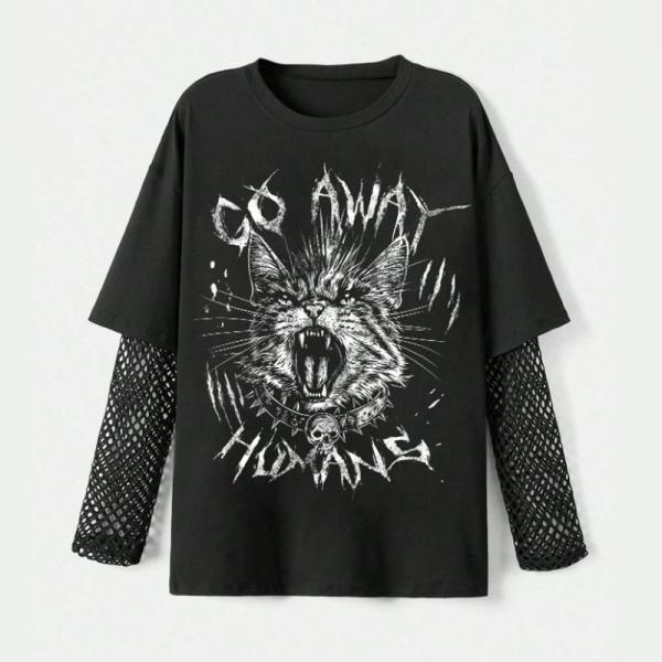 当日発送 即納 GLW-010 パンク ロック ゴシック 猫 プリント メッシュパネル ルーズ Tシ...