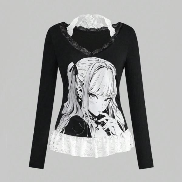 当日発送 即納 GLW-011 アニメ ヤンデレ 美少女 ホワイト レース パッチワーク 長袖Tシャ...