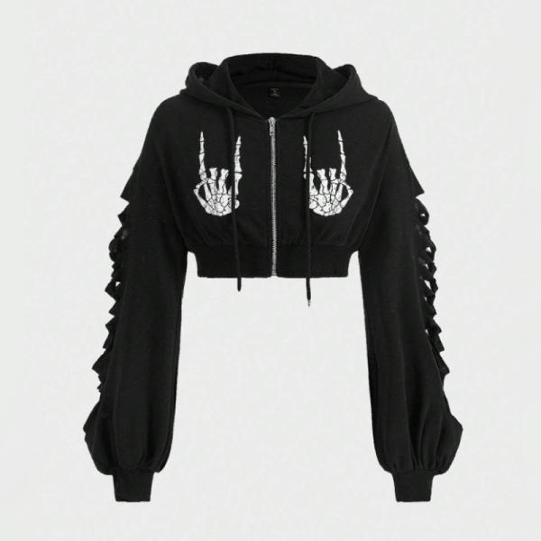 当日発送 即納 GLW-014 パンク スケルトンプリント ダメージスリーブ ショート丈 パーカー ...