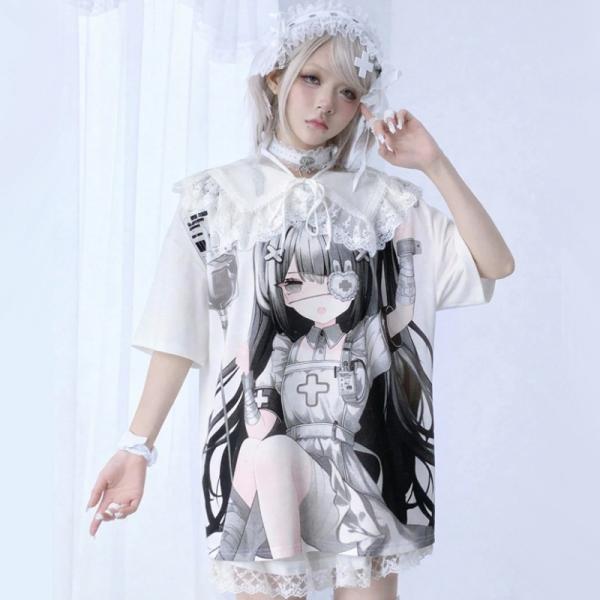 当日発送 即納 GLW-017 アニメ Anime ヤンデレ 女の子プリント ルーズフィット ラウン...