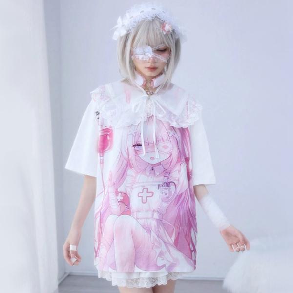 当日発送 即納 GLW-018 アニメ Anime ヤンデレ 女の子プリント ルーズフィット ラウン...