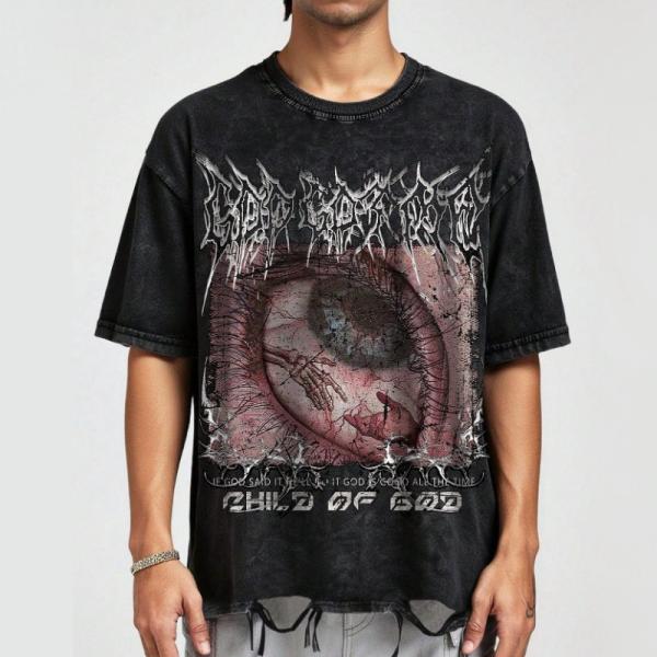 当日発送 即納 GLW-034M パンク ロック カジュアル ゴシック調 目プリント ダメージ 半袖...