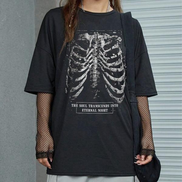 当日発送 即納 GLW-036 パンク ロック ゴシック スケルトンプリント ルーズフィット 半袖 ...