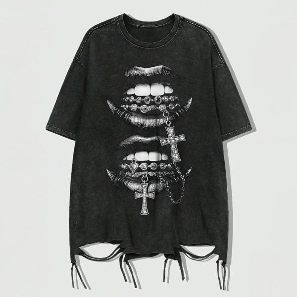 当日発送 即納 GLW-047M パンク ロック カジュアル ストリート 口と十字架 プリント ダメ...