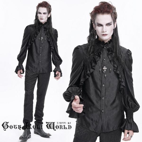 ゴスロリワールド SHT12401 ゴシックファッション 十字架チェック付 長袖ブラウス 黒色 ブラ...