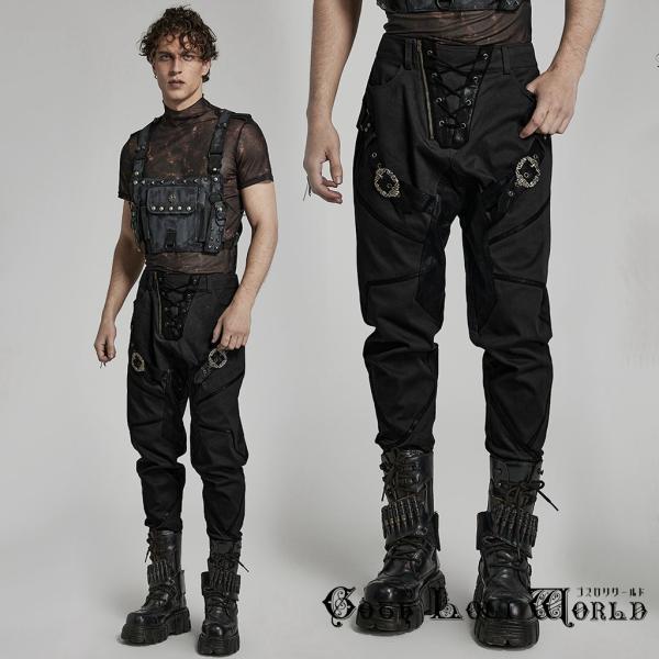 ゴスロリワールド WK-563XCM-BK フロントレースアップ風斜めジップテーパードパンツ 黒色 ...