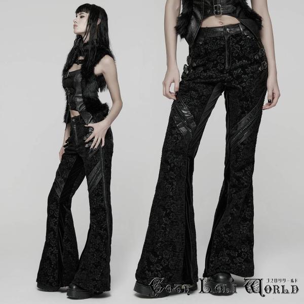 ゴスロリワールド WK-729XCF-BK パンク ロック ファッション バラ柄 フレア ロングパン...