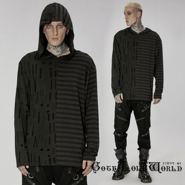 ゴスロリワールド WT-737TCM-BK メッシュボーダーダメージフード付 カットソー メンズ フ...