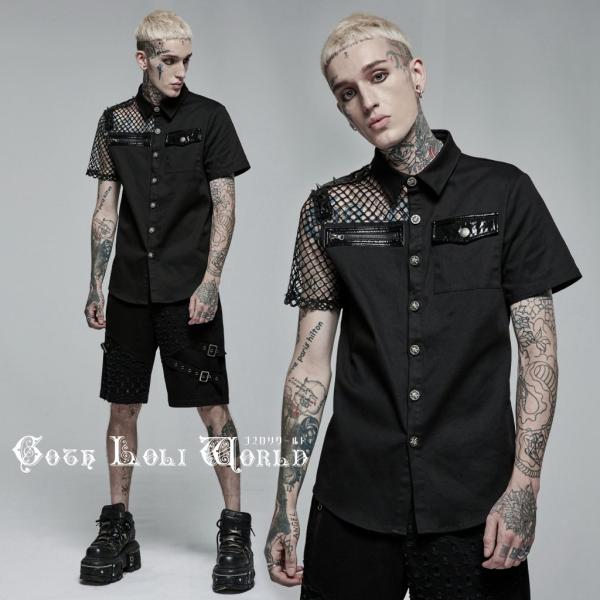ゴスロリワールド WY-1376CDM-BK メッシュスタッズショートスリーブ シャツ メンズ ファ...