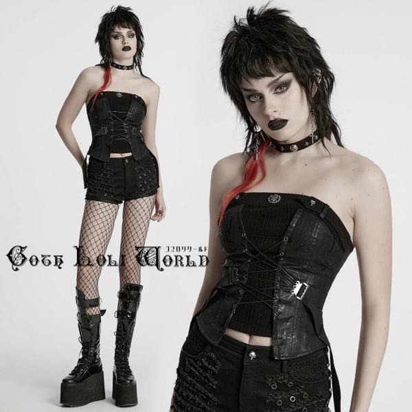 ゴスロリワールド WY-1802DQF-BK パンクファション レースアップ ベアトップ ゴシック ...