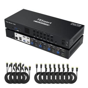 TESmartHDMIKVMスイッチ4入力3出力USB3.0KVM切替器3モニター4台パソコンEDID機能4K@60Hz/2K@144Hz4ポート切り替え器マイクとオー