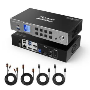 TESmartKVMスイッチ2入力3出力USB-C+HDMI+DisplayPortMST対応KVM切替器USB3.04K@60Hz2PC3モニター用1000MbpsLANポート充電対応ホ