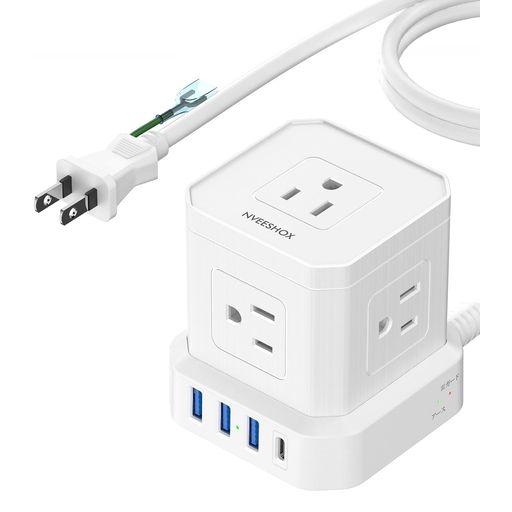 電源タップType-C付き延長コードミニキューブ型NVEESHOXコンセントusb付雷ガード5個AC...