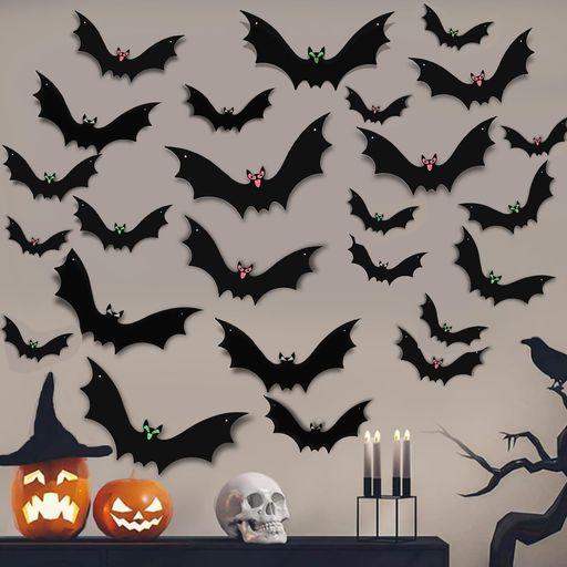 ハロウィン飾りLED夜光コウモリコウモリステッカー3D18個ハロウィン吊りコウモリ装飾3つの異なるサ...