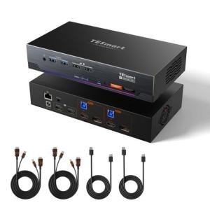 TESmart8K@60HzKVMスイッチ2入力2出力DisplayPort+HDMI2モニター2PC用USB3.0デュアルモニター4K@120Hz/144HzKVM切替器EDID機能