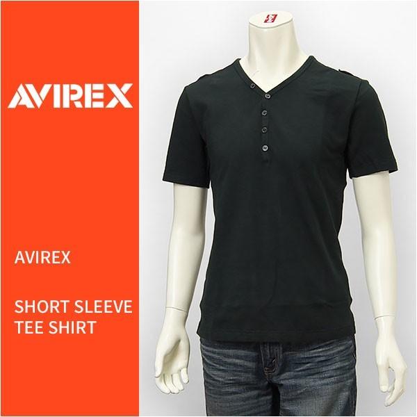 Avirex アビレックス 半袖 レザーバックヨーク ヘンリー Ｖネック ニットＴシャツ AVIRE...